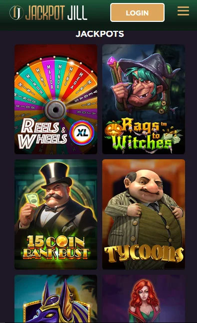 Mobile app lobby of Jackpot Jill featuring jackpots and slots