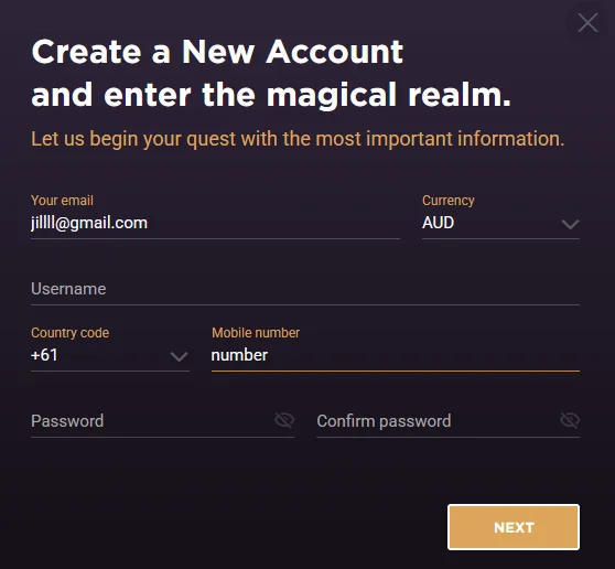 Sign-up form with email, currency, and phone for Jackpot Jill AU
