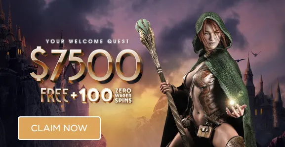 Jackpot Jill welcome quest banner: $7,500 free plus 100 zero wager spins